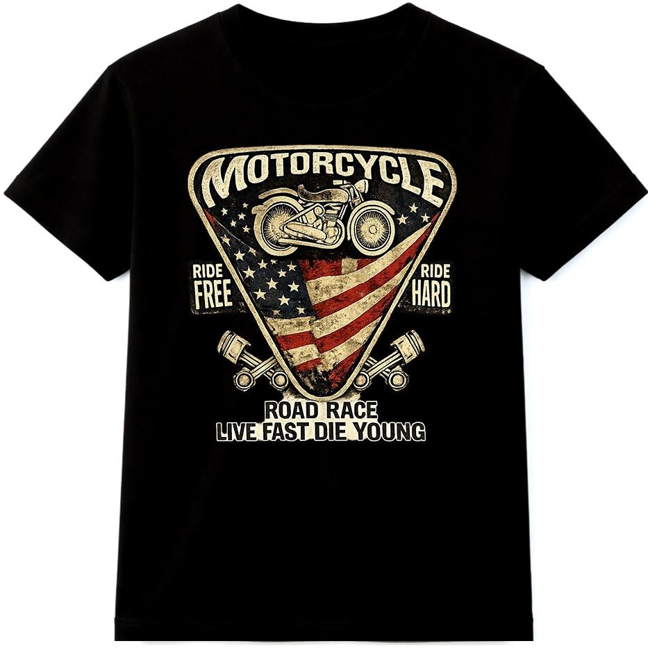 Motorcycle Ride Free Ride Hard T Shirt American Flag Road Race Live Fast Tee S разноцветный