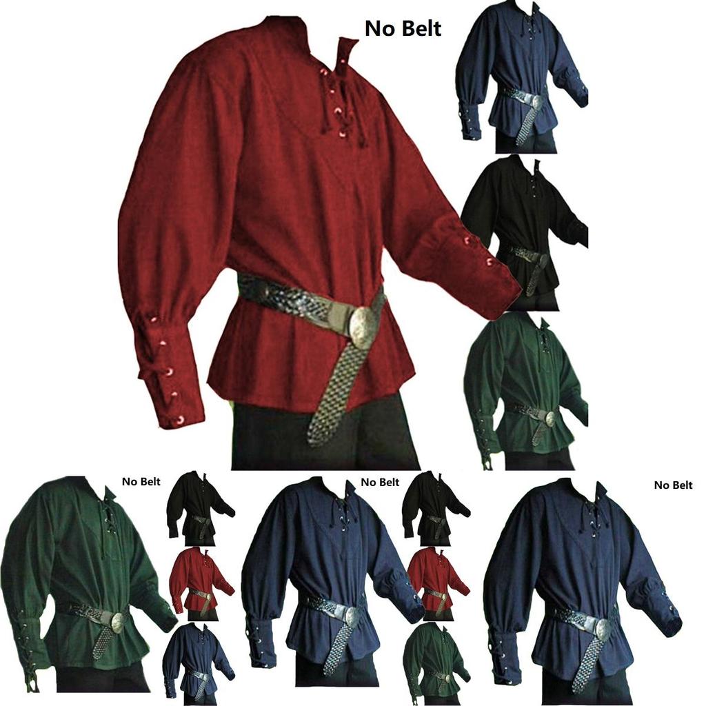 Medieval Renaissance Men Stand-up Collar Knight Top Lace Up T-shirt Costume For Stylish Cosplay