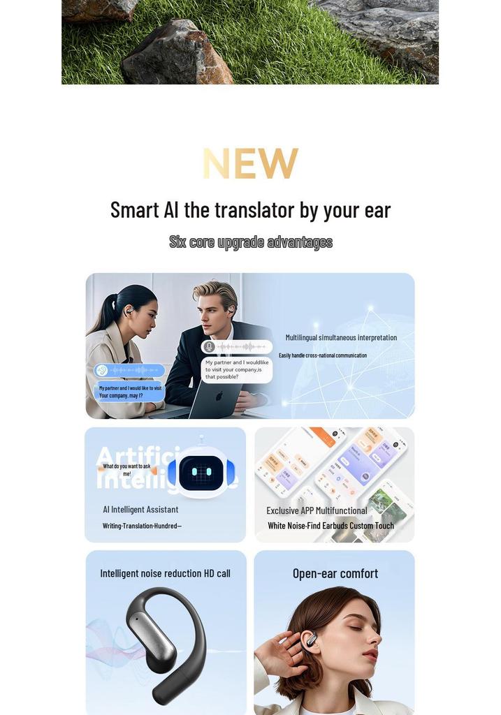 Smart AI Translation M118 Wireless Open-Ear Clip-On Earphones with Ultra-Long Battery Life Bluetooth