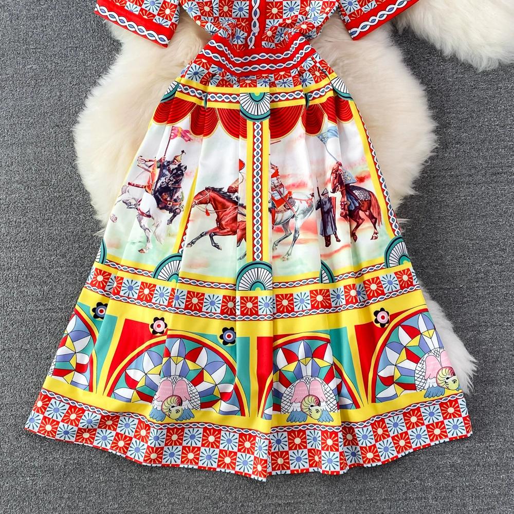 Summer Women Vintage Print Designer Runway Dresses Fashion Long Midi Party Shirt Dress