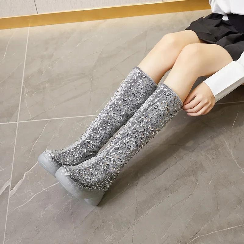 2025 New 8cm Fashion Sequin Knee High Boots Women Glitter Bling Shiny Trend High Heels Side Zip Platform Boots Goth Shoes