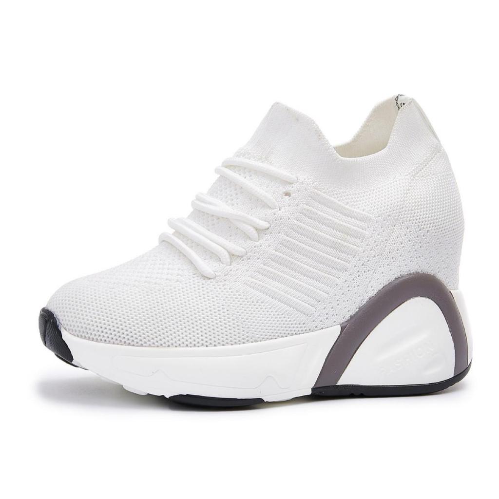 "2024 Autumn Women's White Height-Enhancing Sports Shoes - Korean Style, Breathable, Versatile, and Casual with High Heels"