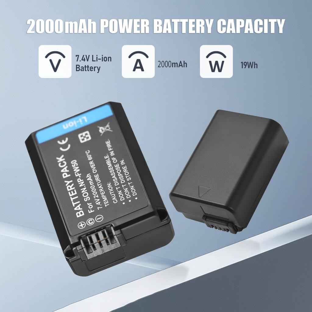 Camera NP FW50 Battery Charger Kit with 2 Slot Battery Charger + 2pcs NP FW50 Batteries 7.4V 2000mAh USB Charging Cable