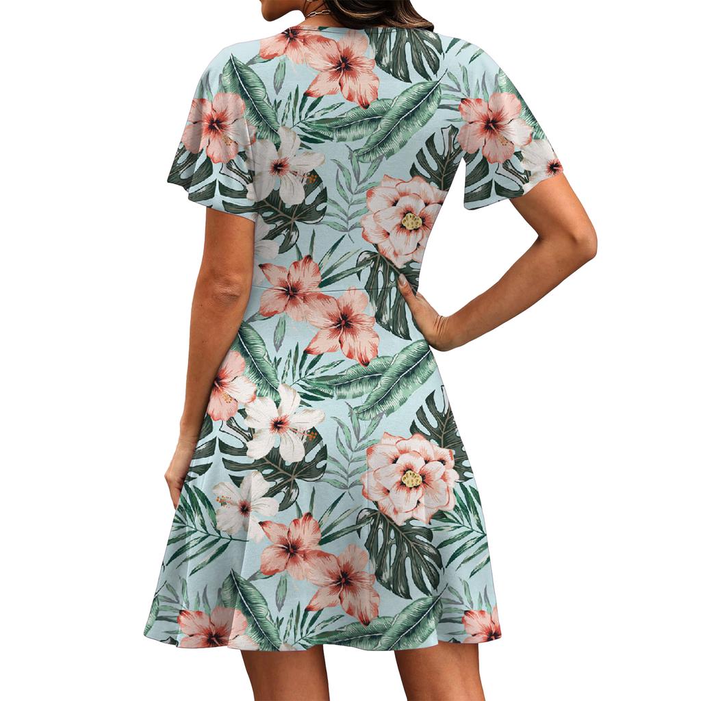 Women’s Casual Short Sleeve V Neck Dress with Floral Print Lightweight Fabric Relaxed Fit for Everyday Wear