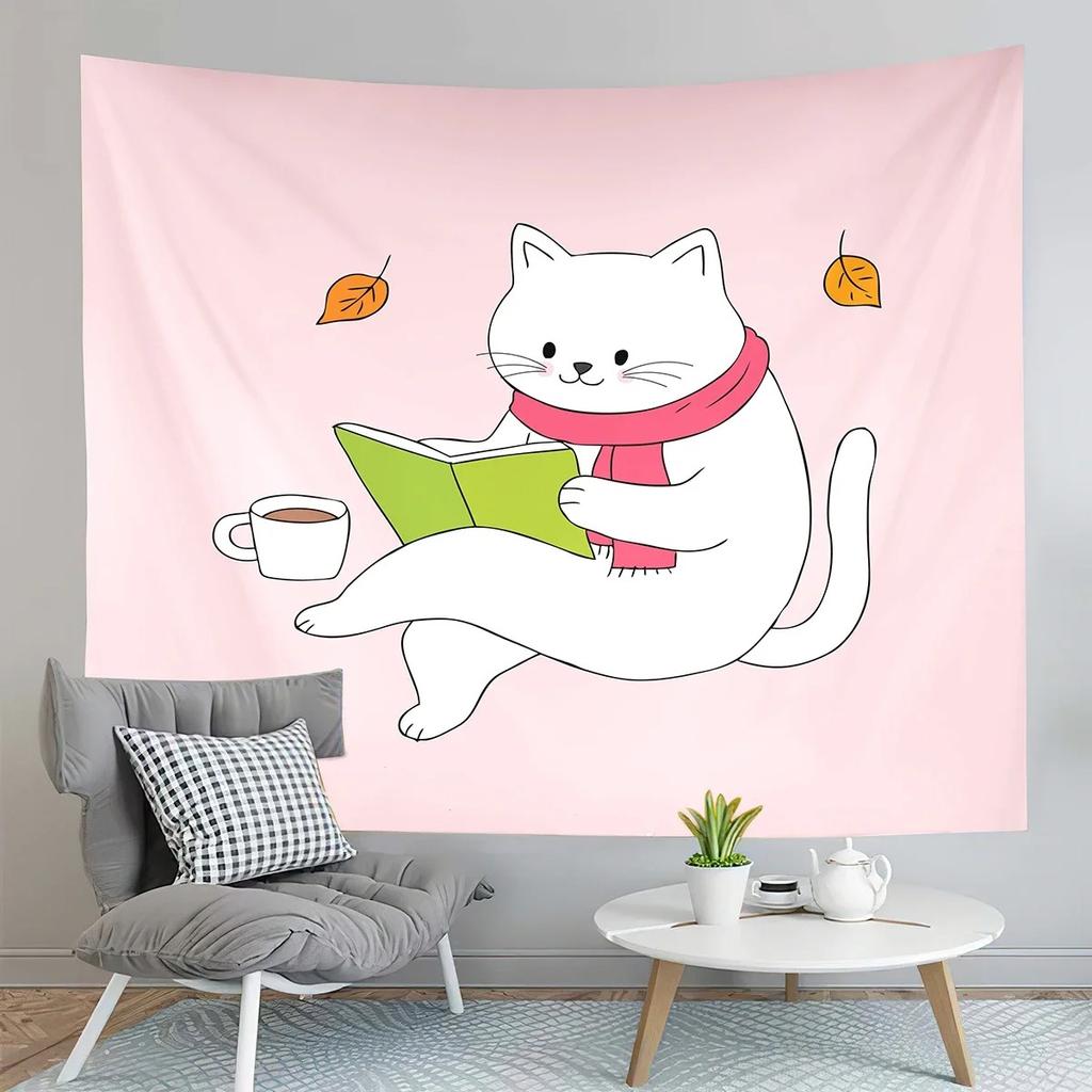 Wandteppich mit Cartoon-Motiv, süße Katze, für Zuhause, Wanddekoration, Wandteppich für Büro, Wohnzimmer