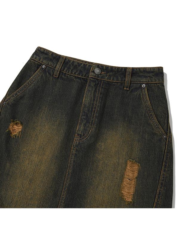 Kirsh Damaged Washed Denim Skirt [Brown]