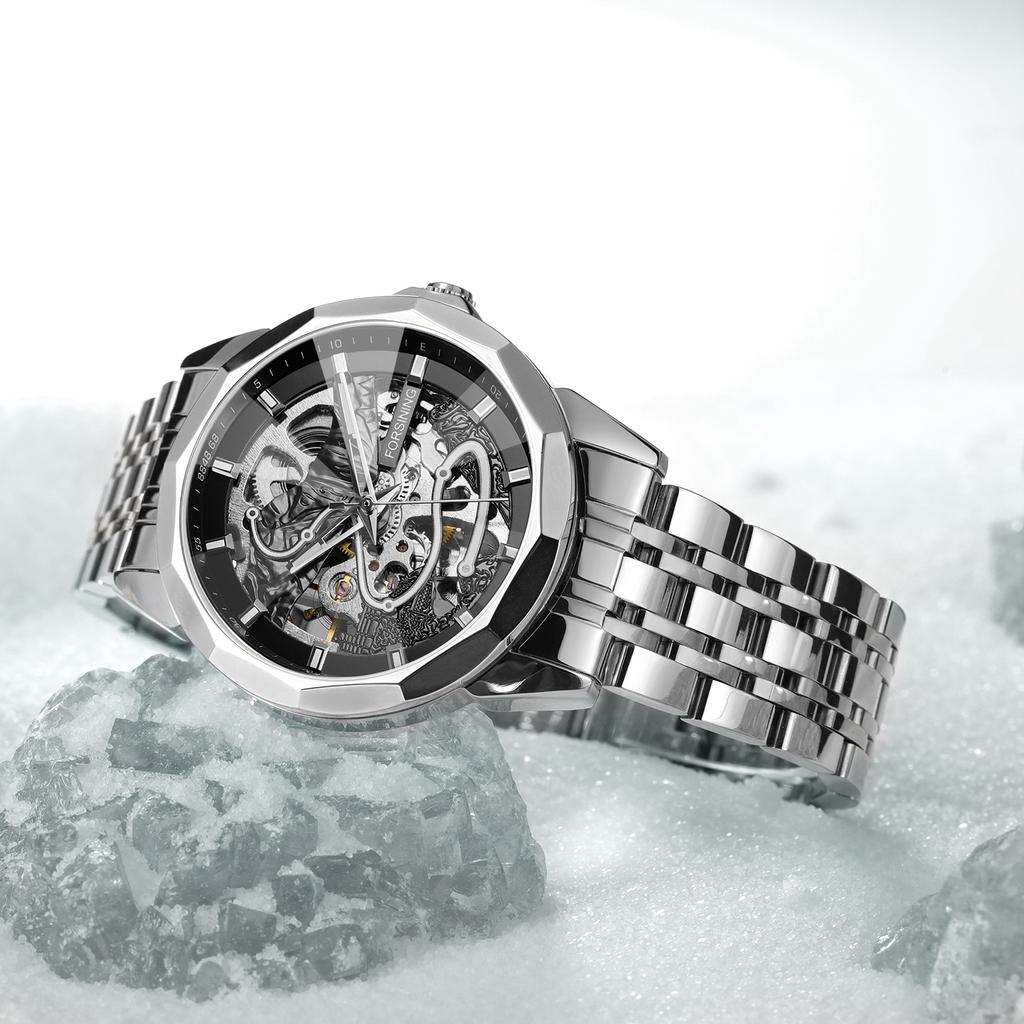 FORSINING Original Gold Skeleton Mechanical Man Watch Automatic Movement Clock Luxury Stainless Steel Men's Watches