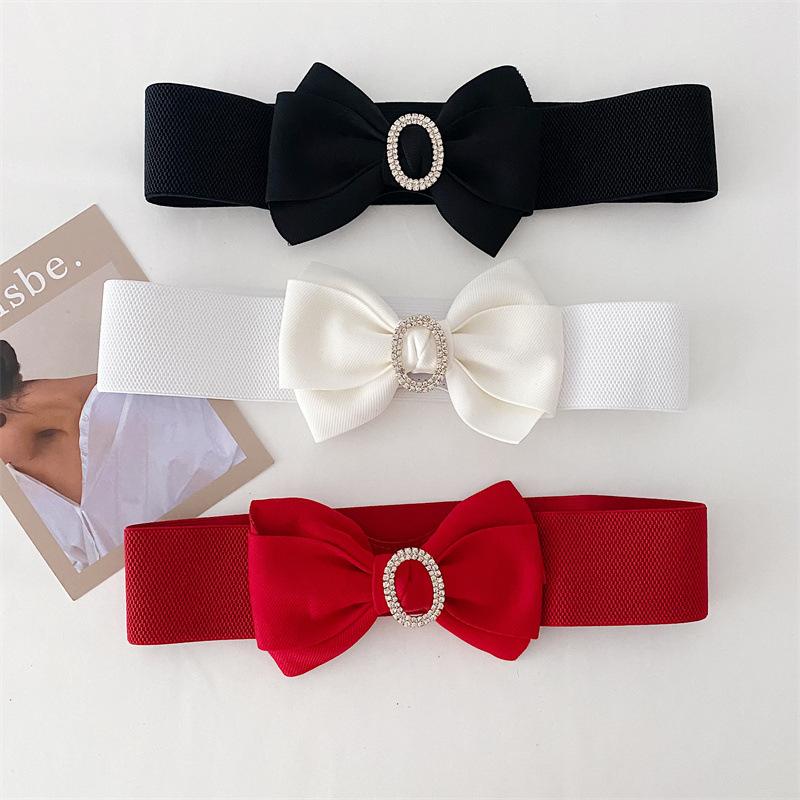 French high-end diamond bow belt with skirt fashionable sweet black wide elastic waist seal for women