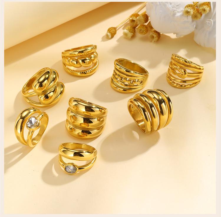 Double Layer Chunky Ring for Women, Gold Plated Stainless Steel, High Polish Statement Band Radial Ring