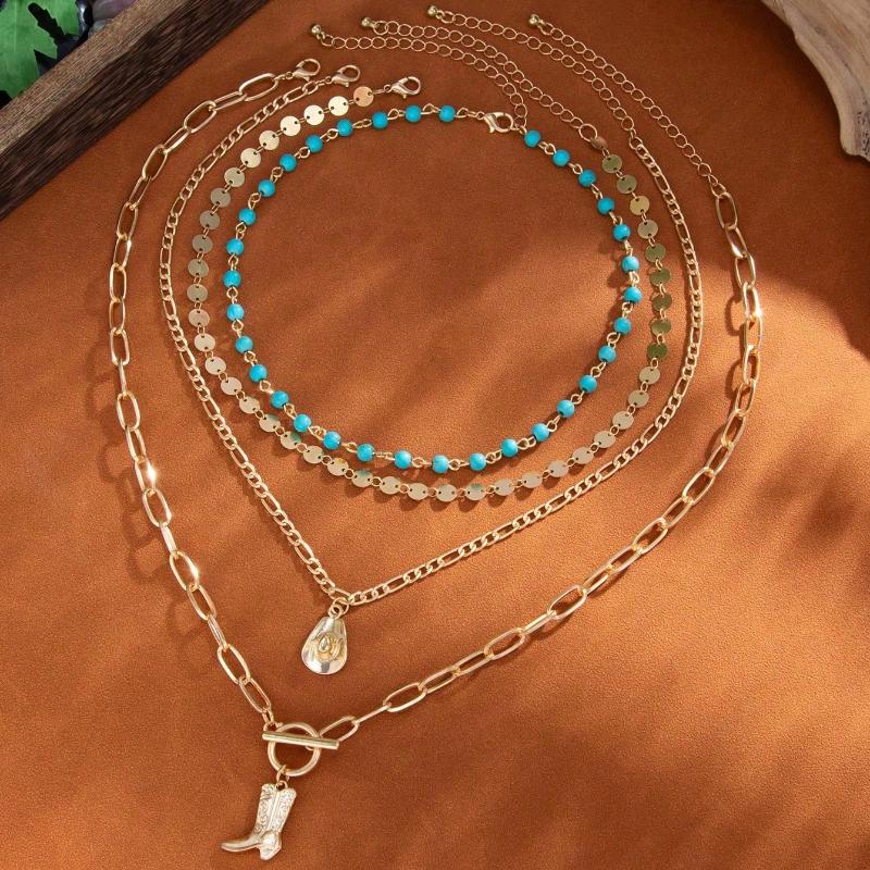 Vintage Western Style Metallic Sequin Hat Cowboy Boot Pendant Charm Necklace Bohemian Decorative Jewelry Set for Women Daily