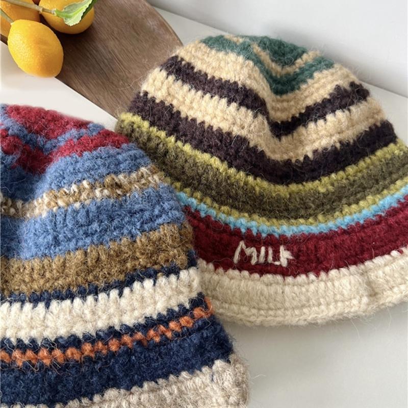 Popular Crochet Stripe Hat Knitting Fisherman Hat Handmade Knit Skull Hat Ins Style Beanies Hat Girls Casual Bucket Hat