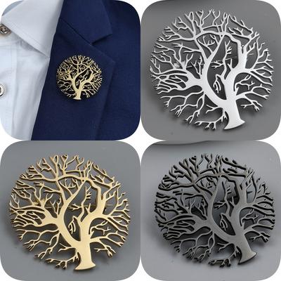 New Round Tree of Life Gold-plated Stainless Steel Brooch, Men's Suit Pin Black, High Quality Father Husband Gift Set
