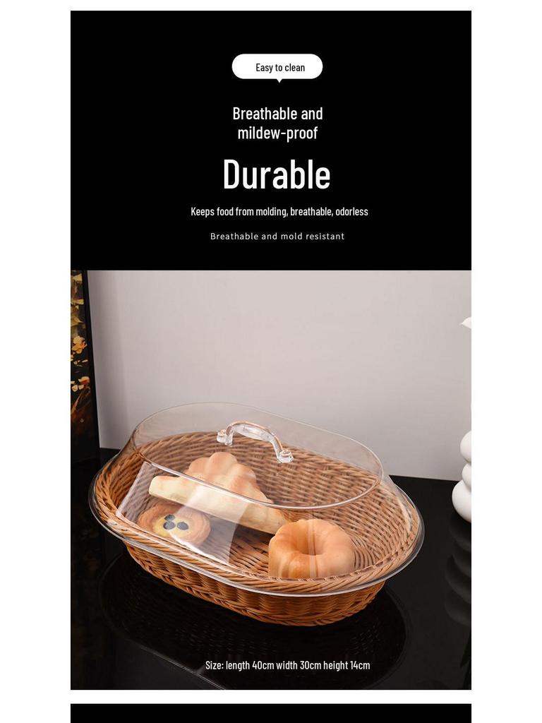 Oval Acrylic-Lidded Rattan Basket for Bread, Vegetables, and Dried Fruit