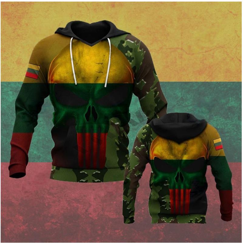 Lithuanian National Flag Emblem Camouflage Skull Warrior 3D Printing Men Fashionable Sports Outdoor Leisure Cool Hip-hop Hoodies