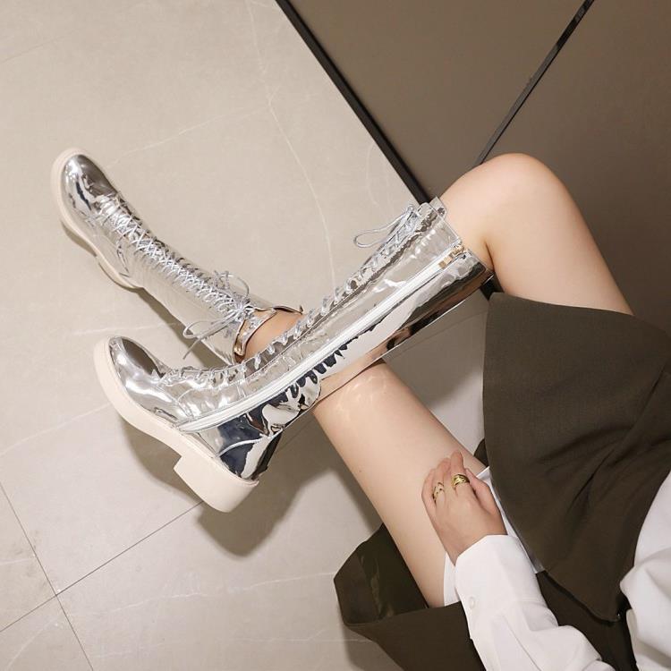 

Модные женские сапоги до колена, модные, зрелые, повседневные, с квадратным каблуком 2 см, летние, на низком каблуке, шнуровка, женская обувь 33