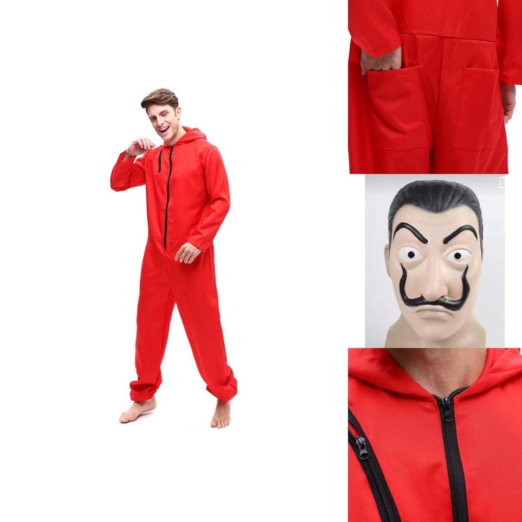 Vibrant Red Salvador Dali Money Heist Costume And Mask For Cosplay Enthusiasts
