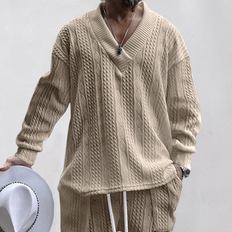 Autumn Cross-border Casual Jacquard Knitted Sweater Men's Autumn Loose Long-sleeved T-shirt Men's V-neck Pullover Jacquard Top