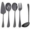 5Pcs Black Cutlery Serving Utensils Dinnerware Set Buffet Catering Flatware Serving Colander Spoons Fork Silverware Set