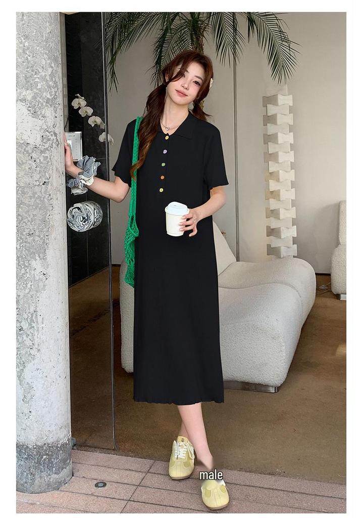 2026 Colorful Button Knit Maternity Polo Collar Nursing Skirt