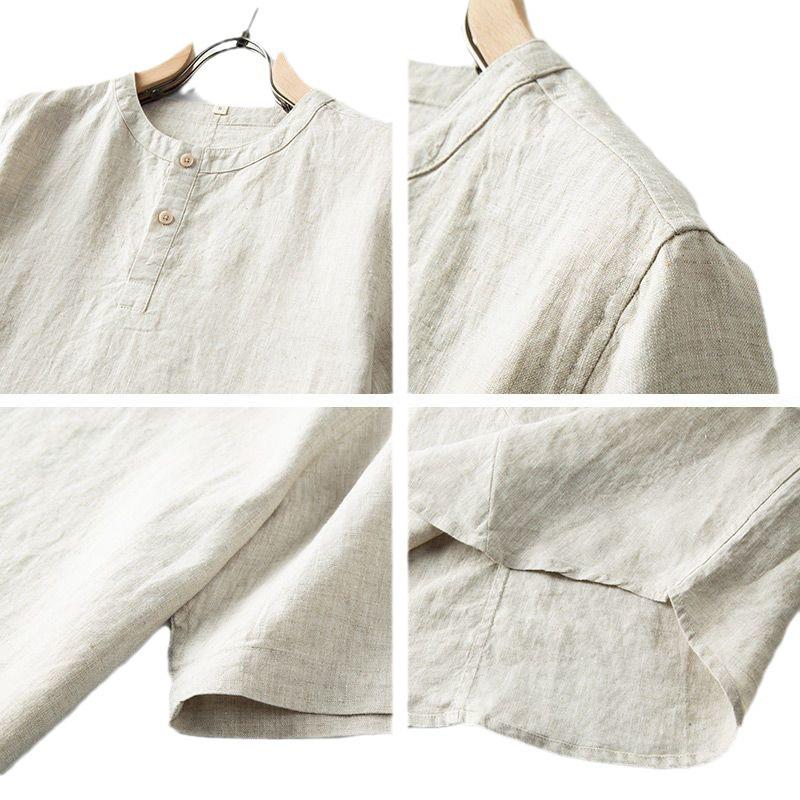 Męska koszula casual z bawełny i lnu, z krótkim rękawem i kołnierzykiem stojącym, na rok 2024