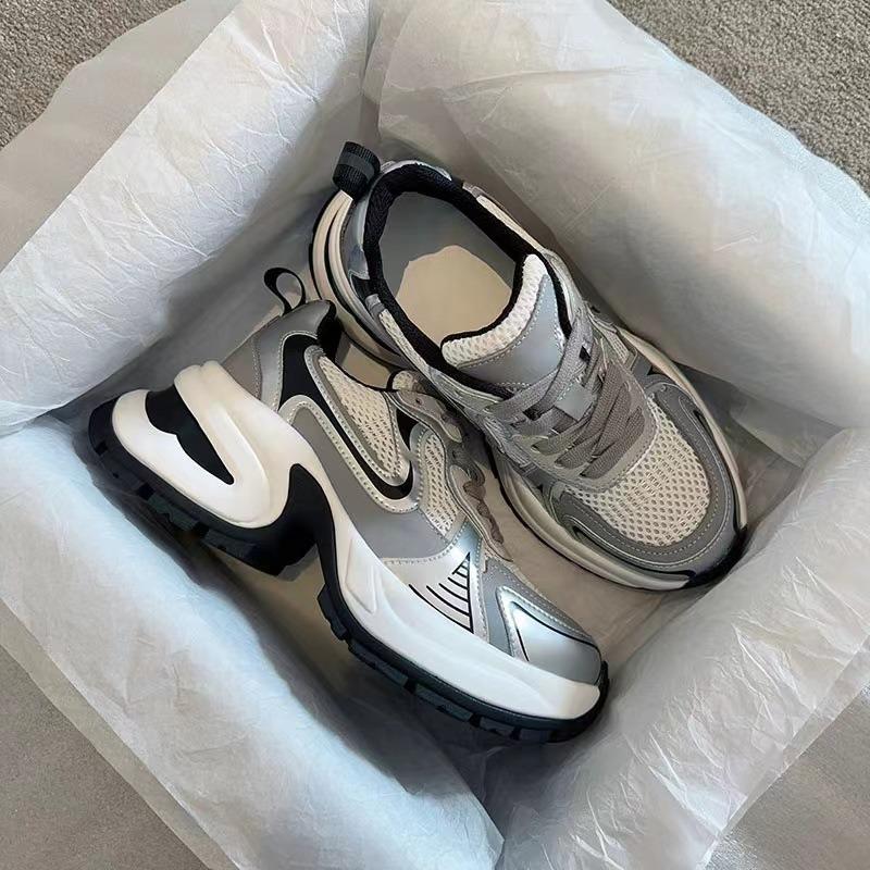 Fashion Dad Shoes Women's Platform Heightening Casual Shoes Leather Silver Mesh High Heels Sneakers Women