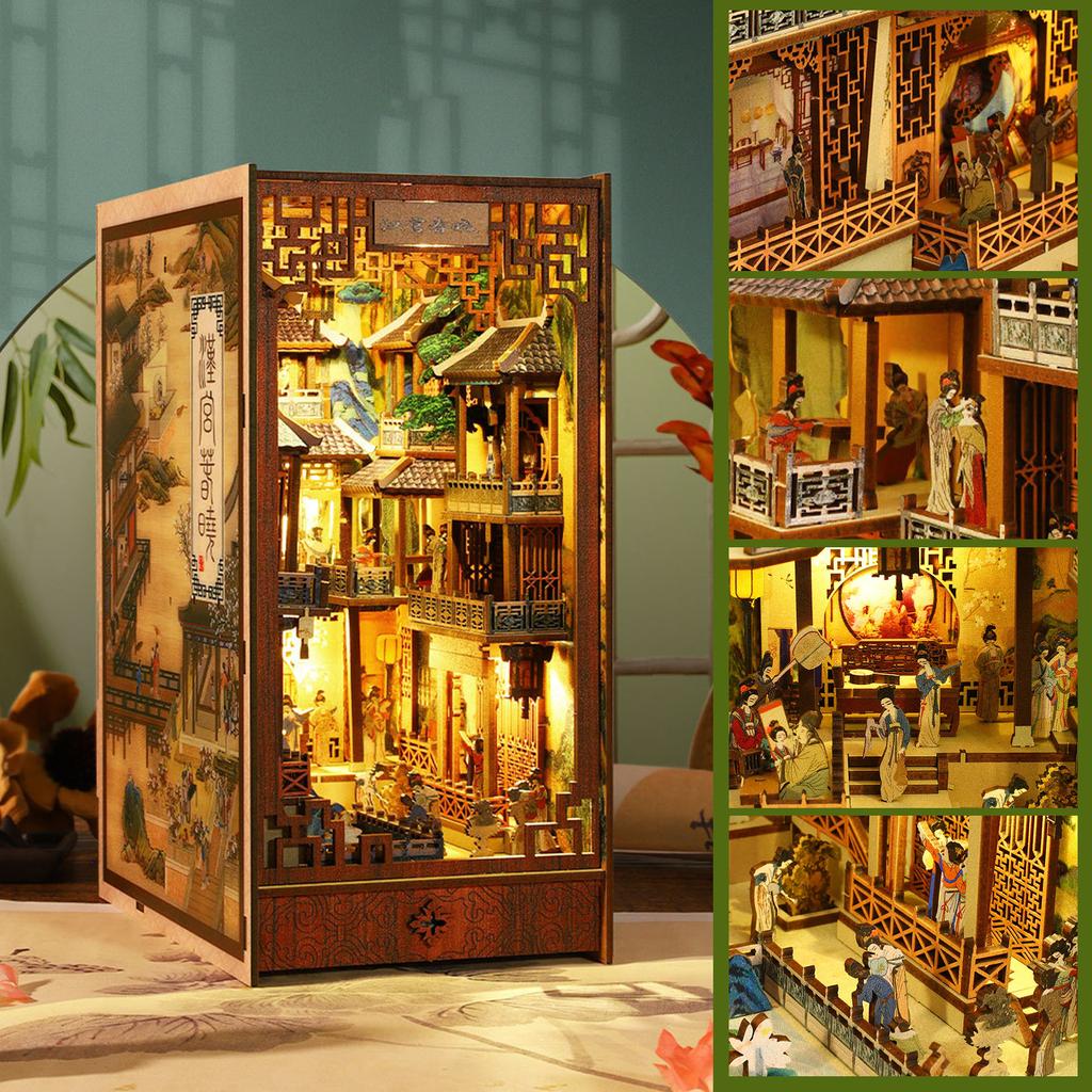 Kit de coin de livre DIY Puzzle 3D en bois Décor d'insertion d'étagère avec lumière LED à capteur Kit de modèle de maison de poupée miniature DIY pour enfants Adultes