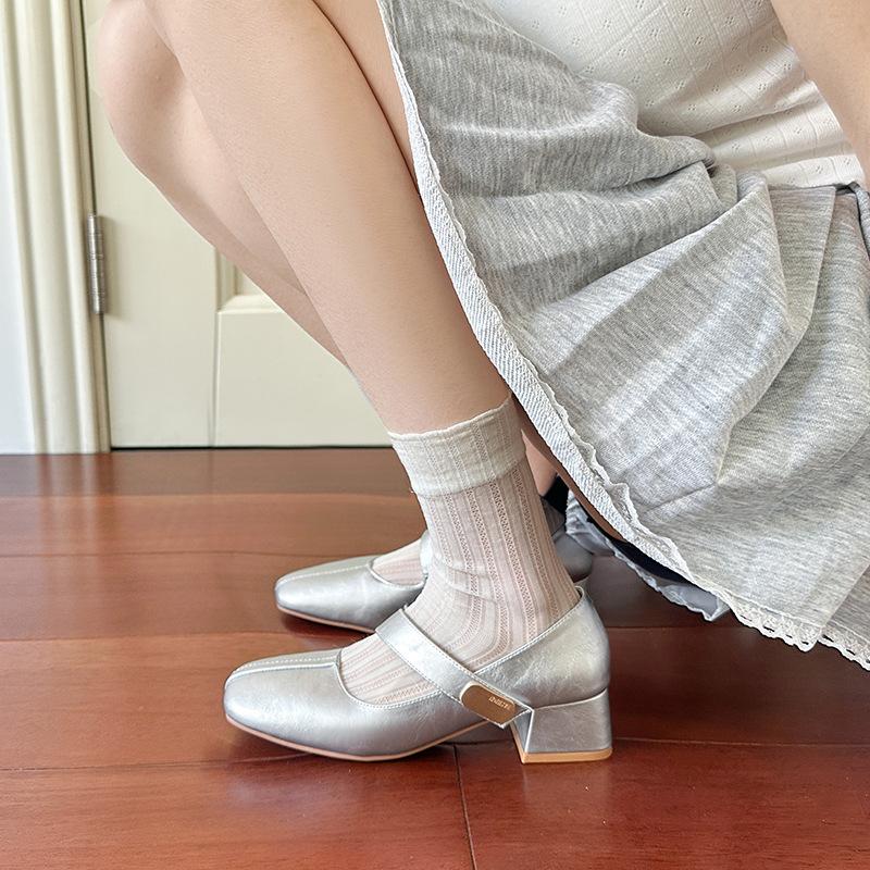 Silver Korean Small Square Head Spring and Autumn New Mary Jane Soft Leather Soft Sole Comfortable Thick Heel Fashion Single Shoes Women