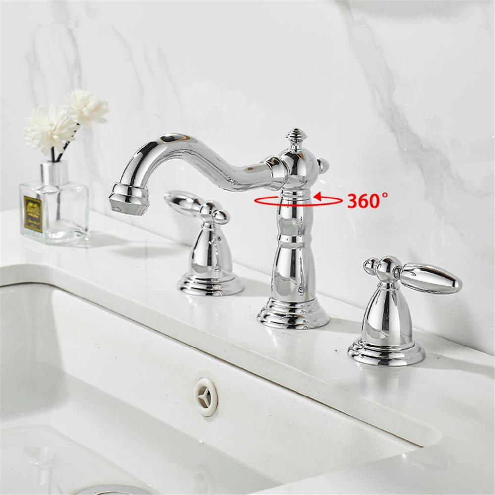 Tuqiu Gold Bathroom Faucet Widespread Antique Sink Tap Brass Bathroom Sink Faucet 3 Hole Brass Chrome Hot Cold Water Tap