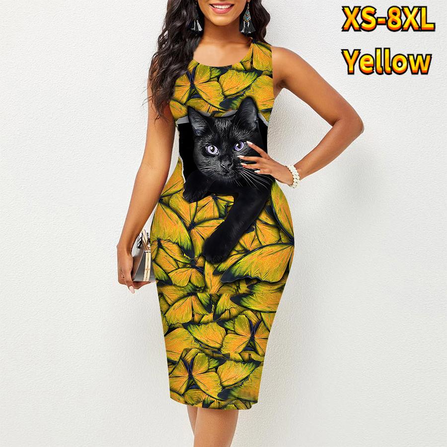 Damen Kleid Sling Sommer Schmetterling Katze Print Kleider Eng Ärmellos Slim Fit Sexy Mode Top Kleidung