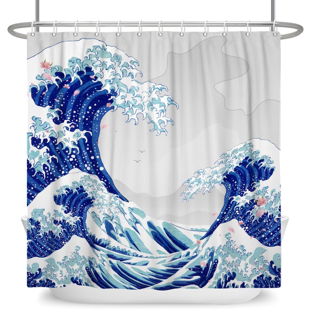Japanese Style Wave Shower Curtain Ukiyo E Art Cherry Blossom Print Waterproof Bath Curtain Bathroom Decor Polyester With Hooks