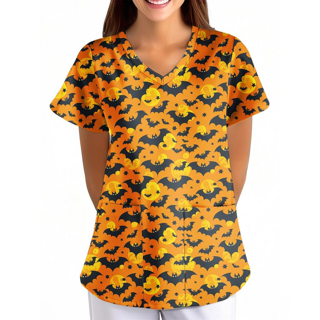 Women's Halloween Printed Loose V-Neck Pocket Short SleevUniform Uniform