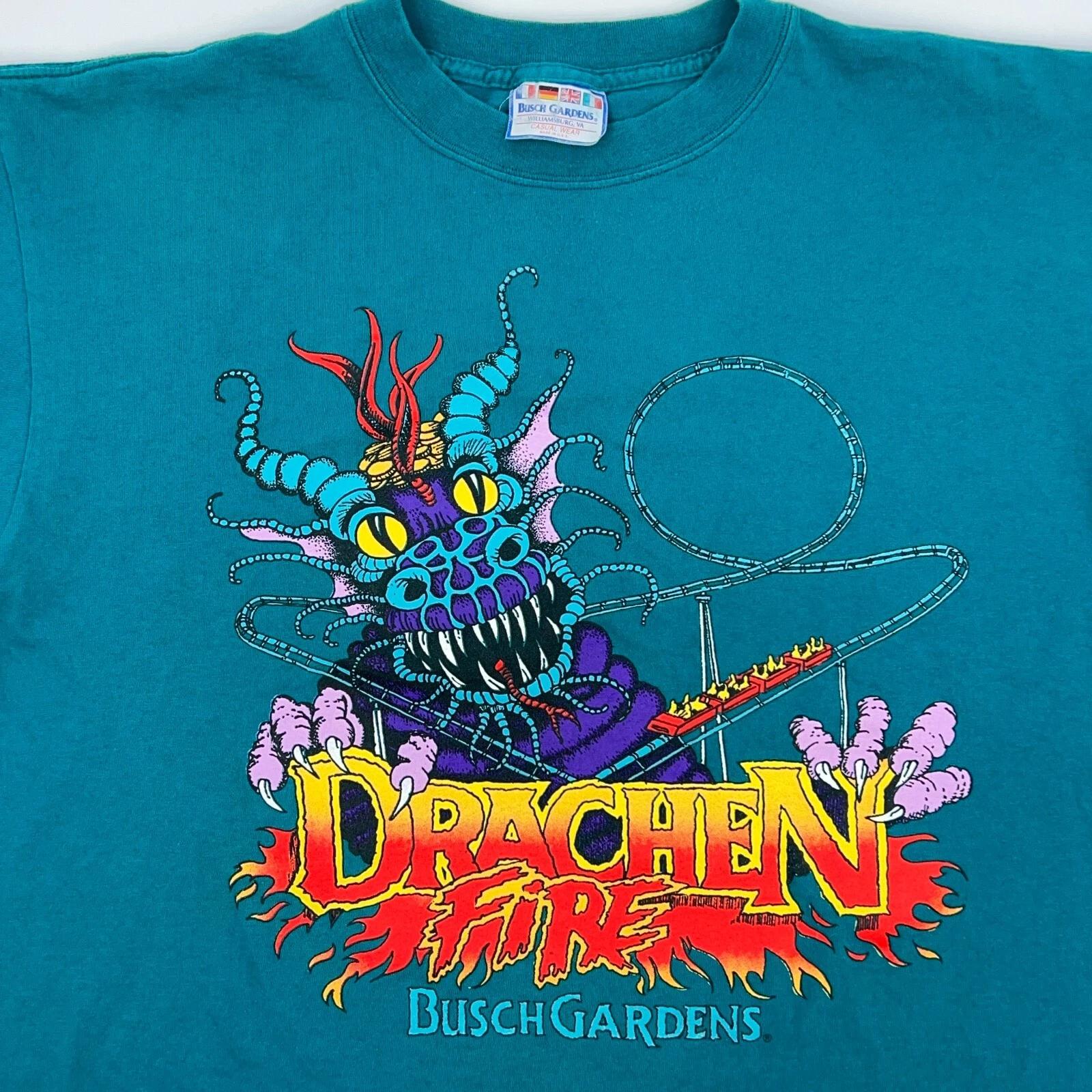 

vintage 90s BUSCH GARDENS DRACHEN FIRE T-Shirt XL/2XL roller coaster dragon XL