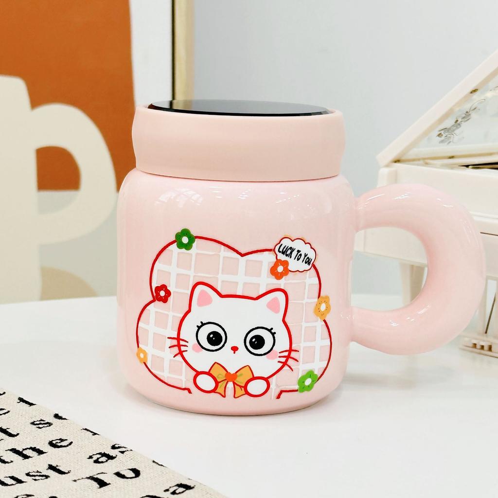 Birthday Gift Cartoon Home Girl Cute High-looking Ceramic Mug with Lid Water Cup Cat Puppy Water Cup