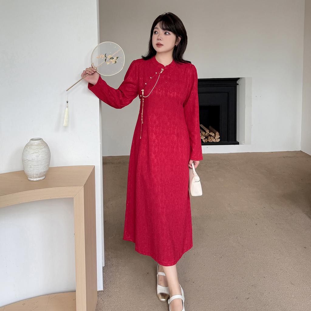Large Size Women's Clothing Engagement Certificate Cheongsam Skirt Women's Autumn New Lace Waist Dress 343402