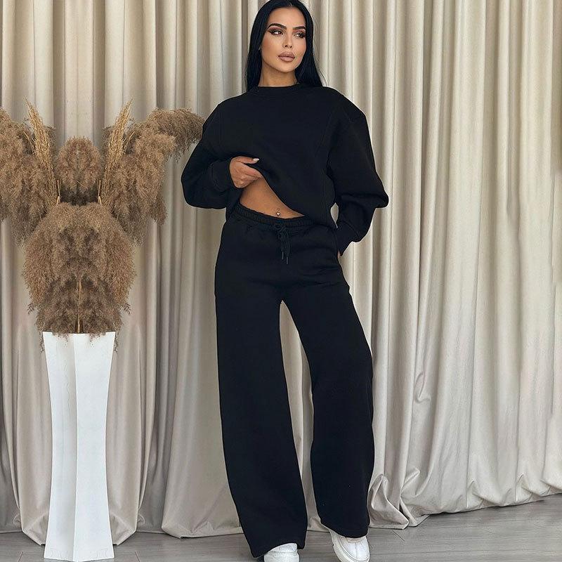 2024 podzim a zima nové jednobarevné kulatý výstřih s dlouhým rukávem volné dámské oblečení módní ležérní sada širokých kalhot