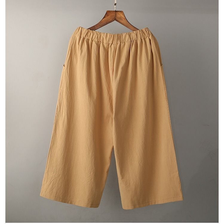 2025 Summer Fashion Cotton And Linen Seven-minute Wide-legged Trousers Female Thin Section Loose Thin Big Yards High-waisted Straight Casual Trousers