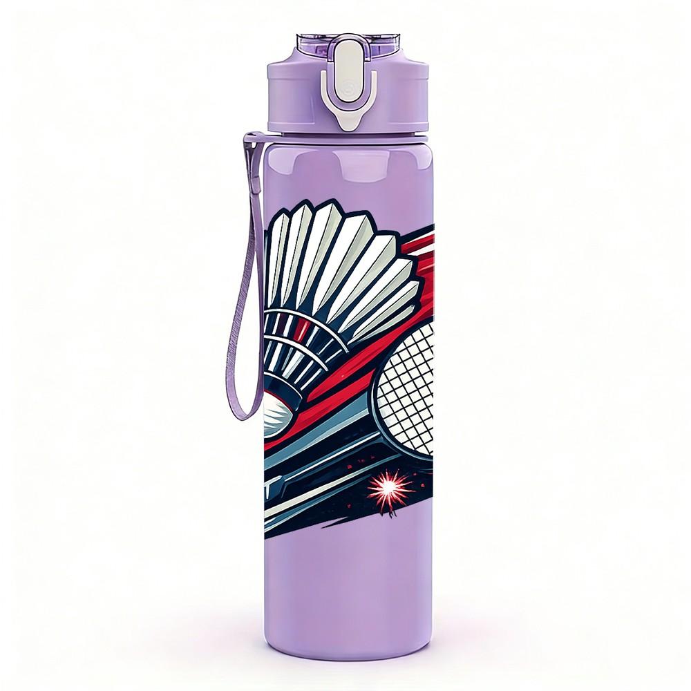 1PC Badminton Shuttlecock Racket Print 750ml Color Plastic Sports Water Bottle Leakproof Flip Straw Lid Suitable for Sports Office Home Use