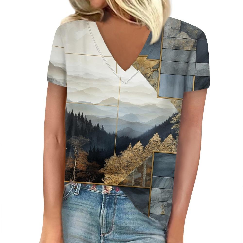 T-shirt Women's Summer Casual Elegant V-neck Short-sleeved Gradient Texture Pattern Blouse Loose Casual Women's Clothing