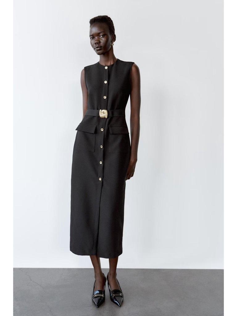 2025 Frühling Ärmelloses Gürtel-Krepp-Midikleid: Europäisch-amerikanischer Stil