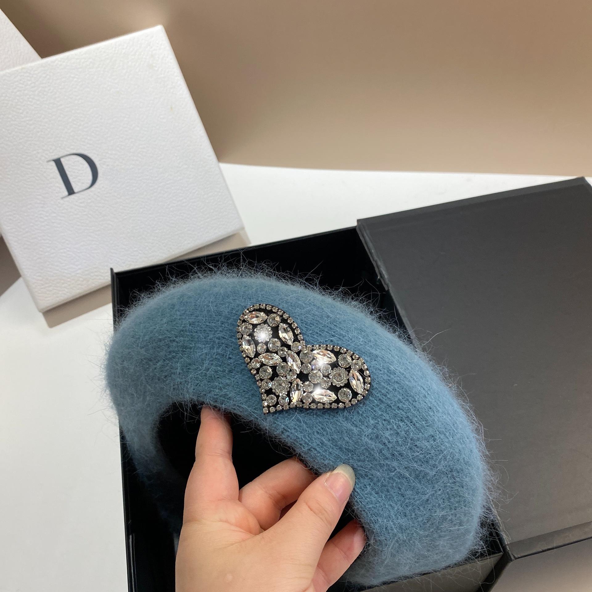 

Star With Love Rhinestone Beret Plush Angora Rabbit Hair Octagonal Hat New Painter Adjustable озеро синього кольору