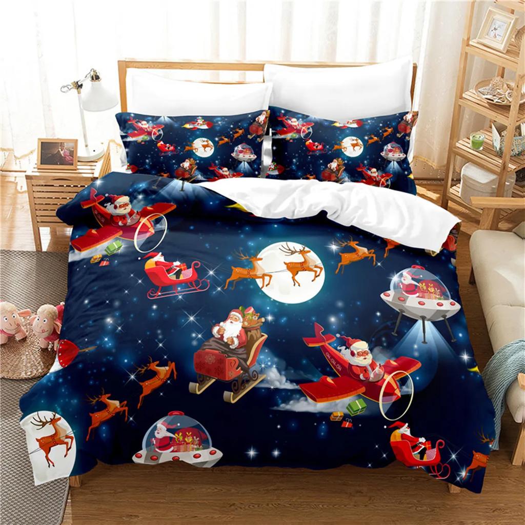 Christmas Elk Santa Claus Duvet Cover Celebrate Merry Christmas And Happy New Year For Kids Boys Girls Holiday Room Decor Gifts