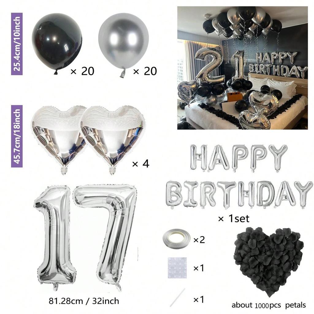 1050pcs Black & Silver Party Balloons Decorations with Silver Happy Birthday Banner Chrome Silver Balloons for kids and adults