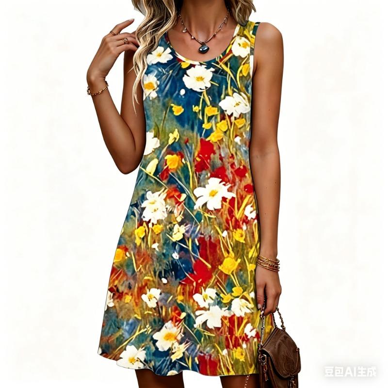 Summer Sleeveless Floral Pattern Fashion Women Mini Dresses 3d Prined Beach Casual Ladies Dress