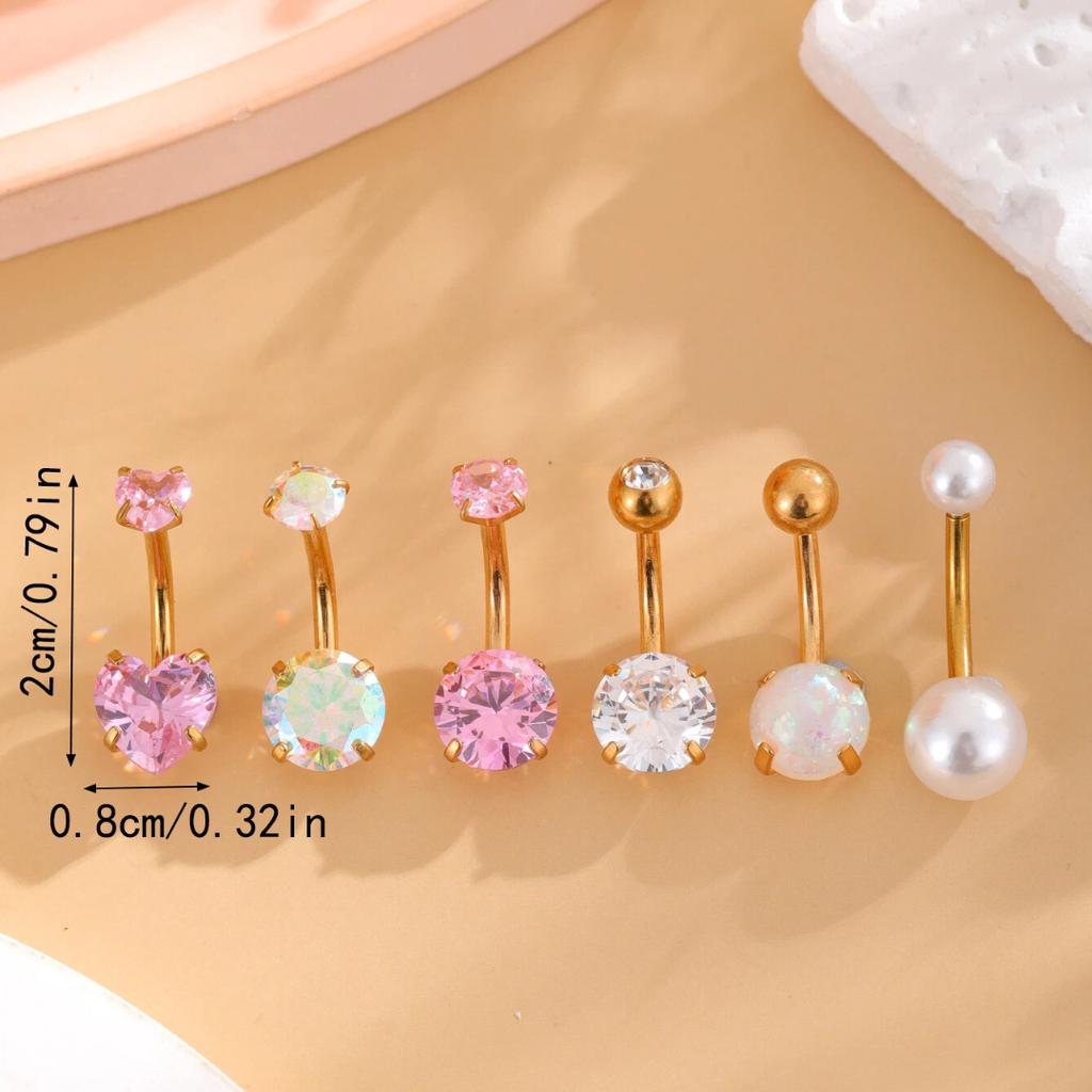 6pcs/ser Navel Belly Piercing Jewelry Cute Pink CZ Heart Navel Belly Rings for Women 14G Gold Stainless Steel Body Piercing