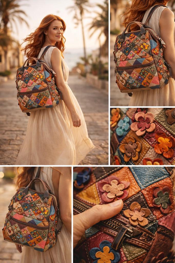 Damen Patchwork Leder Rucksack groß – Blumen Unikat