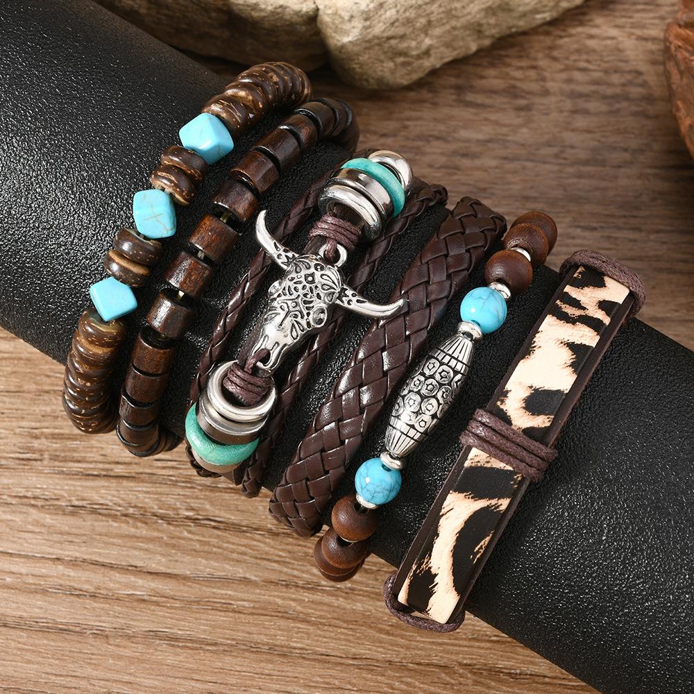 Cross-border beaded bracelet multi-layer vintage devil's eye love feather horn hand-woven multi-piece set