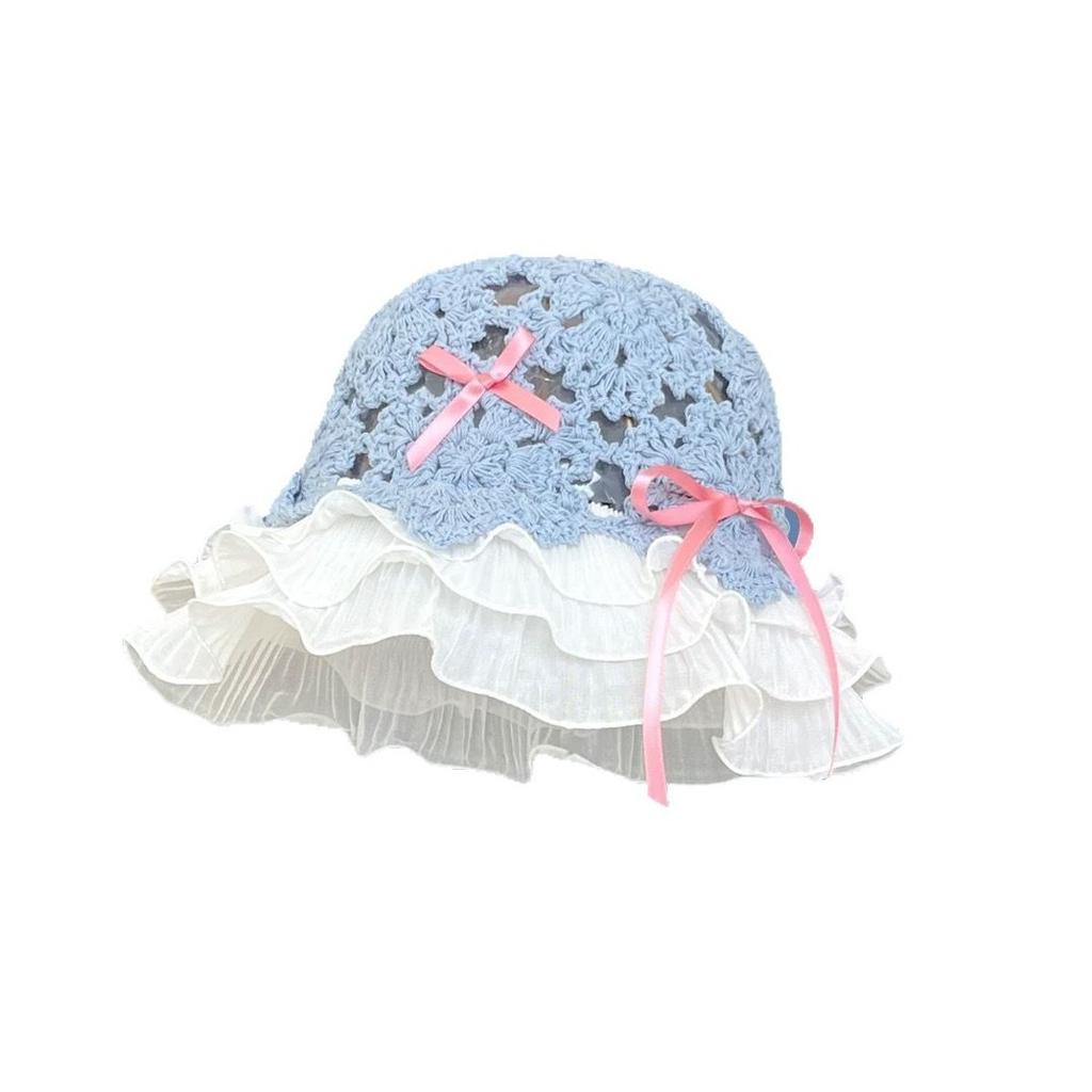 Knitted Hollow Bow Fisherman Hat Women Sun Protection Face Small Lace Basin Hat Japanese Big Head Hat Trendy