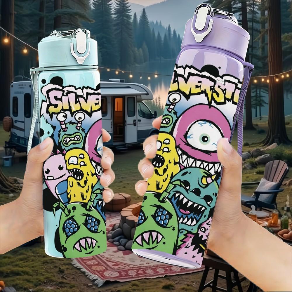 1PC Graffiti Monster Cartoon 750ml sports water bottle leakproof straw lid outdoor office home