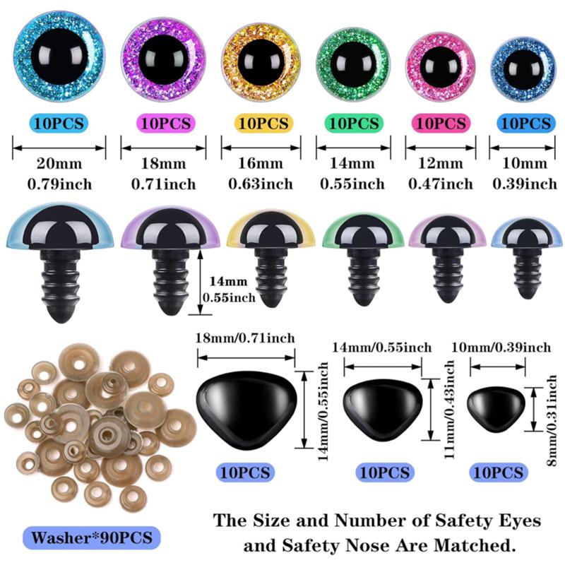 180 Stück/Set Große Sicherheitsaugen und Nasen Farbe Kunststoff Bastelpuppenaugen DIY Puppen Bärenbasteln Kuscheltiere Amigurumi 10-20mm
