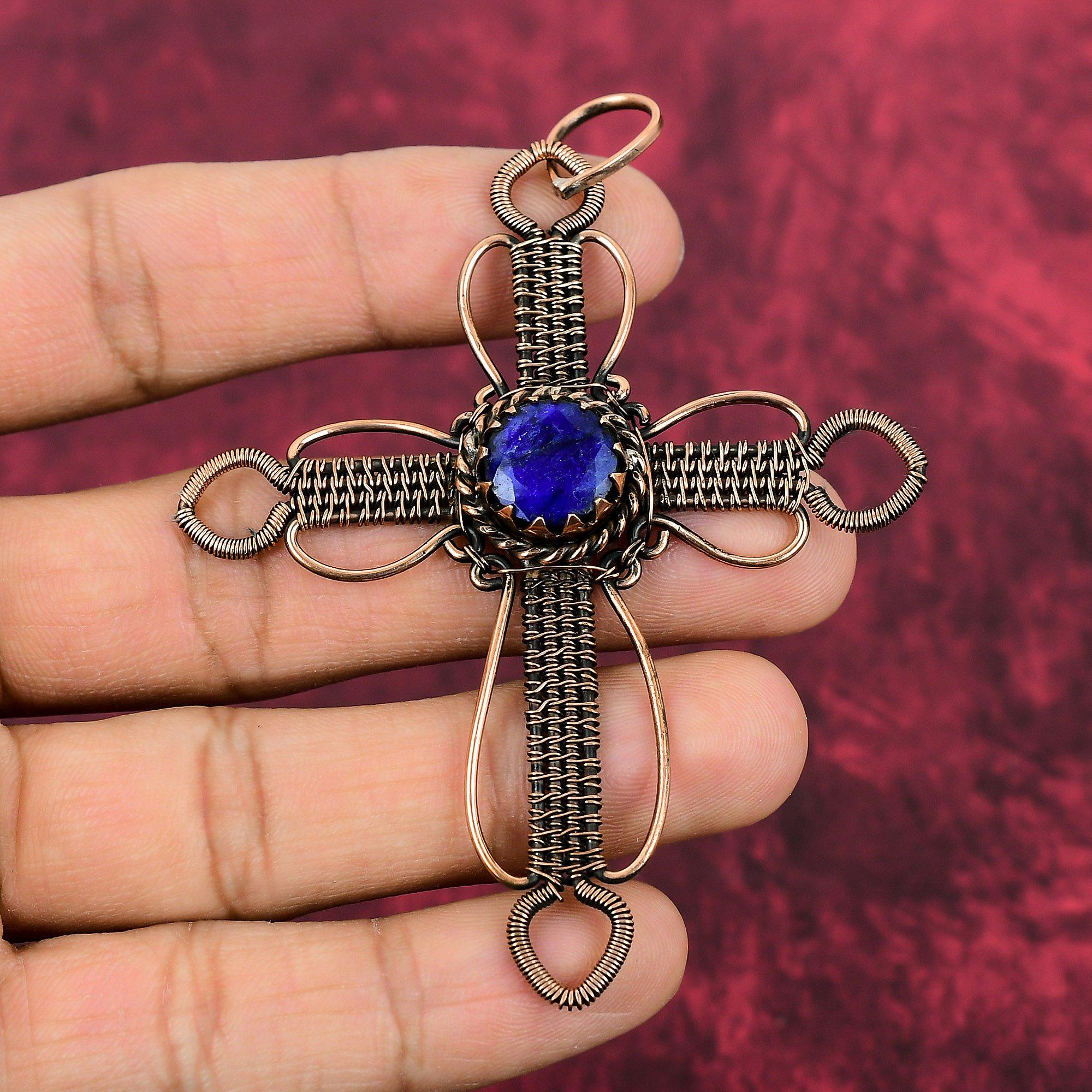 Faceted Blue Sapphire Pendant Copper Wire Wrapped Pendant Natural Gemstone Pendant Handmade Copper Wire Jewelry Cross Pendant Gifts For Her